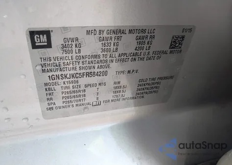 2015 Chevrolet Suburban 1500 Lt from USA, damaged, VIN 1GNSKJKC5FR584200